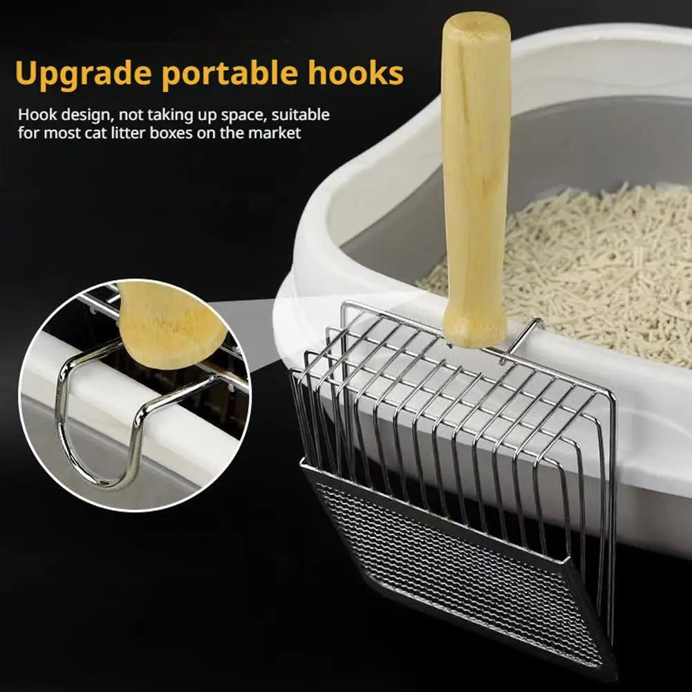 Cat Litter Shovel Stainless Steel Wooden Handle Easy To Rust Washable Kitten Litter Scoop Cats Toilet Cleaning Shovel Tool