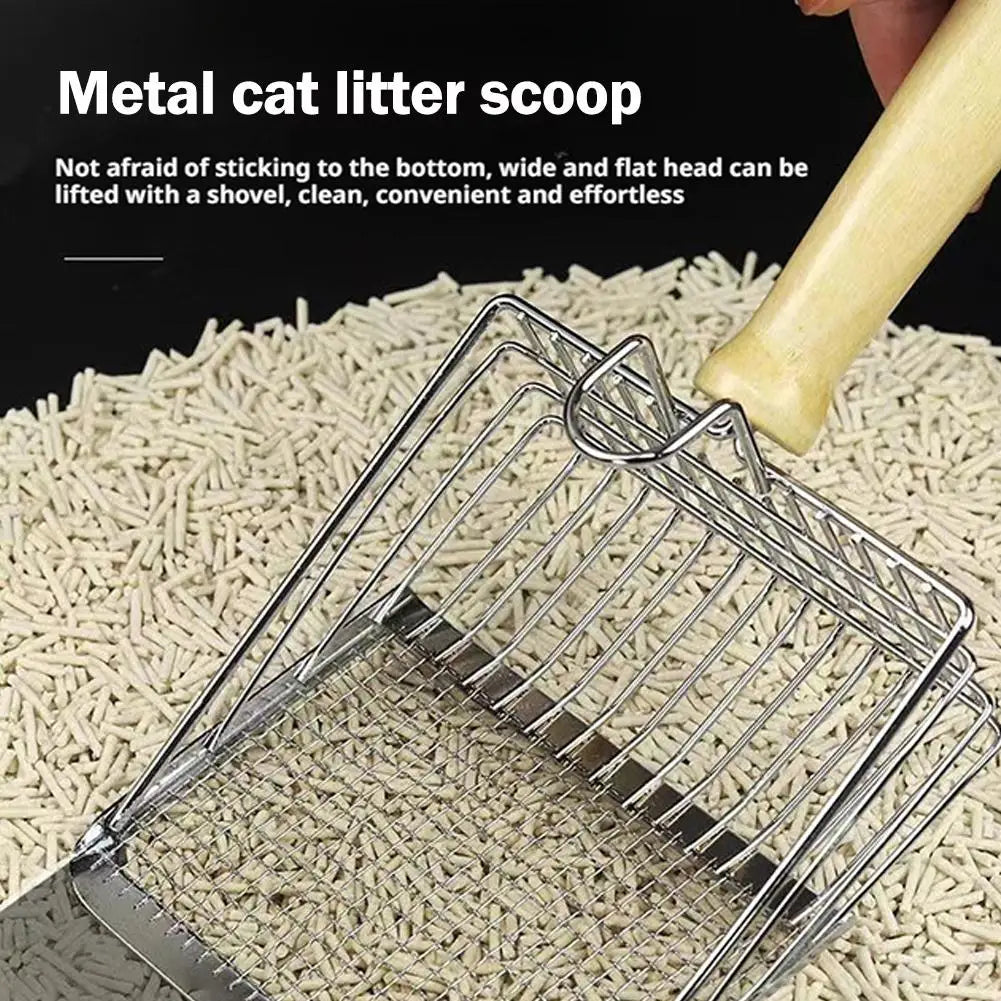 Cat Litter Shovel Stainless Steel Wooden Handle Easy To Rust Washable Kitten Litter Scoop Cats Toilet Cleaning Shovel Tool