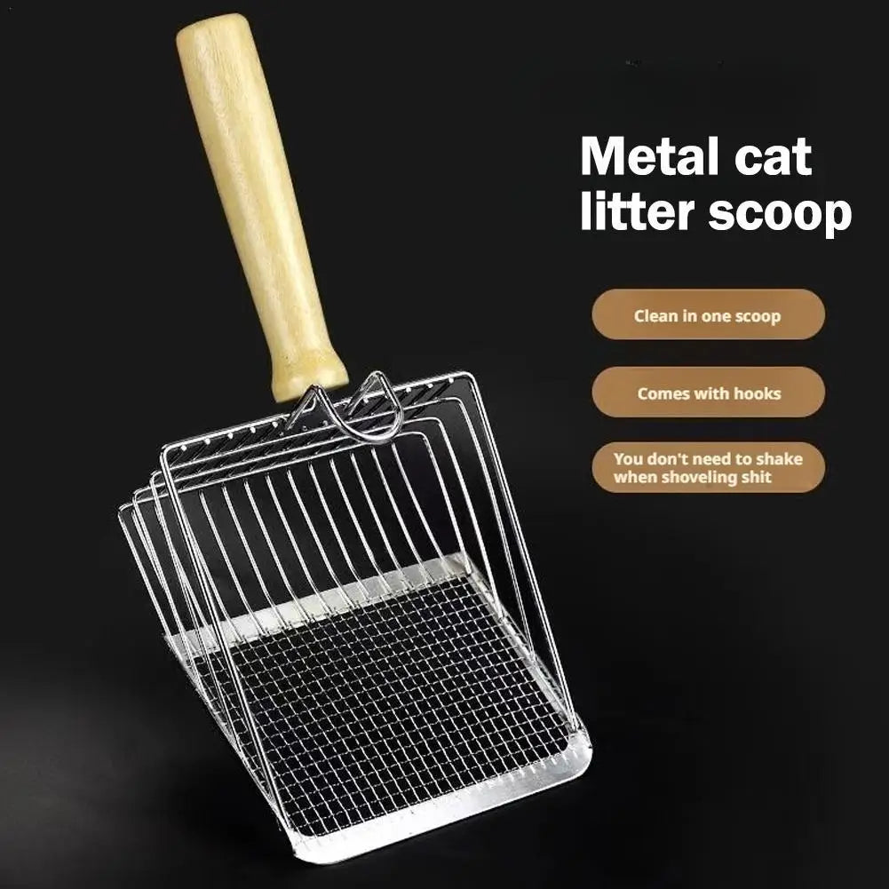 Cat Litter Shovel Stainless Steel Wooden Handle Easy To Rust Washable Kitten Litter Scoop Cats Toilet Cleaning Shovel Tool