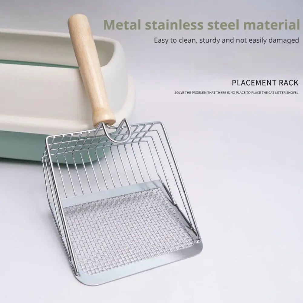 Cat Litter Shovel Stainless Steel Wooden Handle Easy To Rust Washable Kitten Litter Scoop Cats Toilet Cleaning Shovel Tool