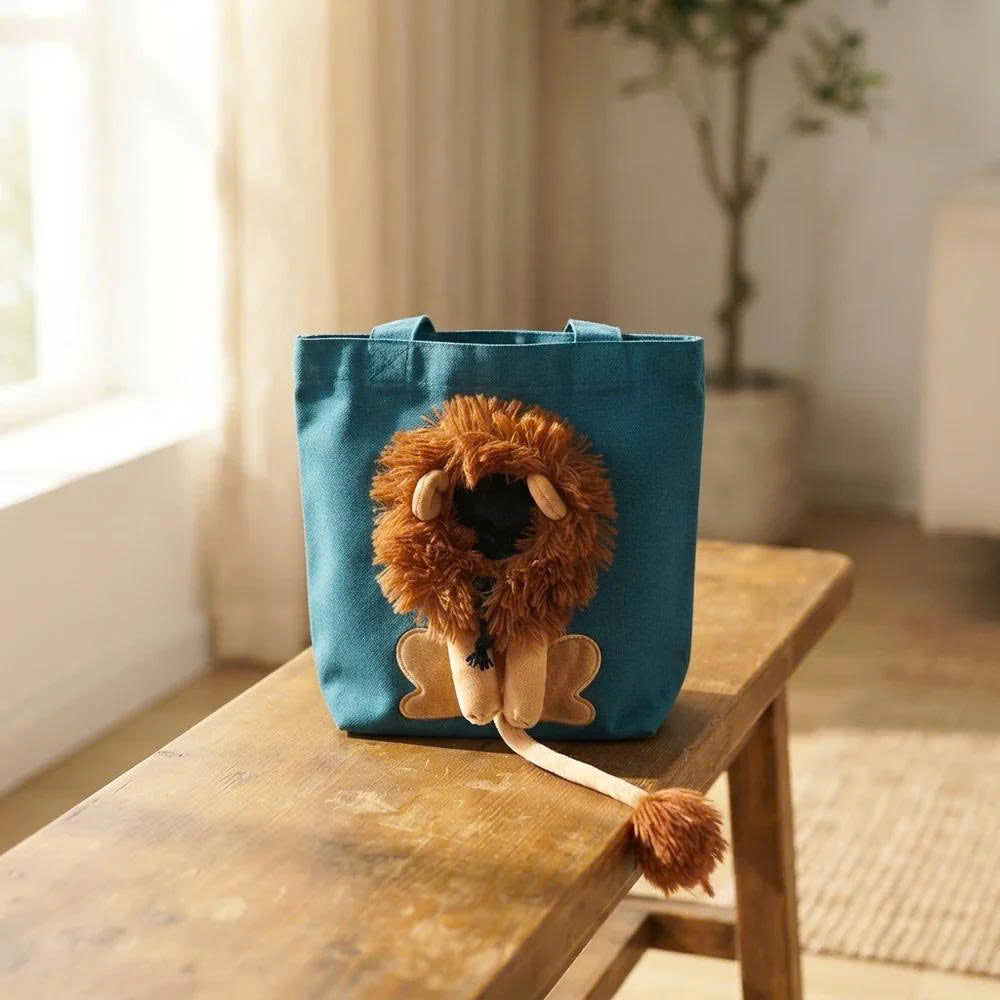 Lion shaped pet bag indoors